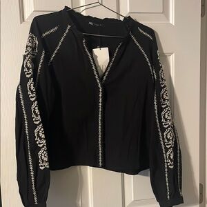 Festive and fun! Zara Black Boxy Embroidered Blouse with Mandarin Collar